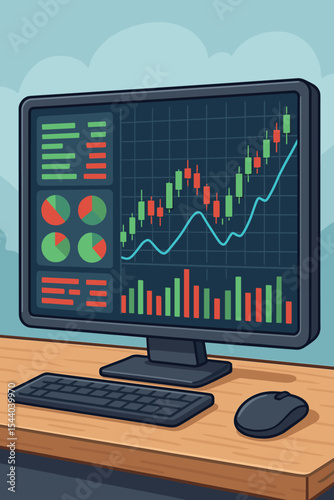 Cartoon vector illustration of stock market analysis on computer monitor, trading graphs, candlestick charts, finance statistics, investment data, desktop workstation, cryptocurrency concept