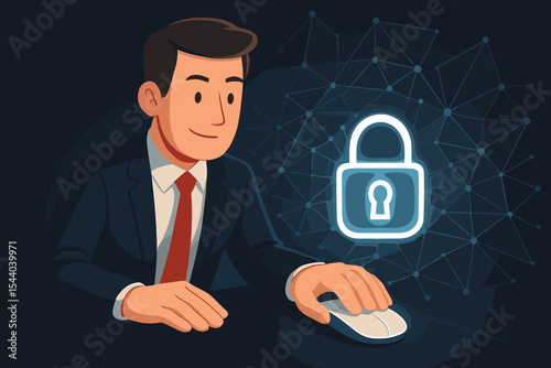 Businessman using computer mouse for comprehensive cyber security and robust data network protection concept illustration. Digital online internet privacy and secure technology, business professional.