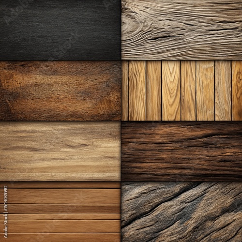 A collection of diverse and textured wood samples, showcasing various grains and colors. The image presents a range of wooden textures, from dark to light tones, and different grain patterns.