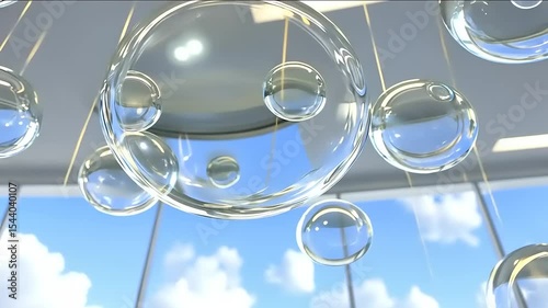 Abstract Floating Spheres Reflecting a Bright Sky, Modern Art Installation