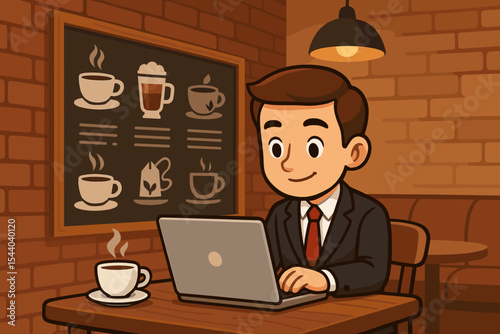 Cartoon businessman working laptop in cozy coffee shop, enjoying hot coffee, professional remote work at cafe, digital nomad, freelancer, entrepreneur, modern business lifestyle vector illustration.