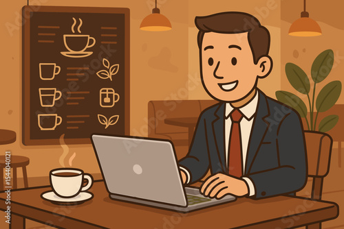 Happy Businessman Working Laptop Cozy Coffee Shop Cafe. Remote Work Freelance Entrepreneur Productivity Digital Nomad Lifestyle. Coffee Tea Menu. Vector Cartoon Illustration. Business Break Relaxation