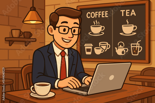 Cartoon Businessman Working on Laptop in Cozy Coffee Shop. Remote Work, Online Business, Freelancer Entrepreneur. Coffee, Tea Menu Board. Digital Nomad, Study, Relaxing. Vector Illustration.