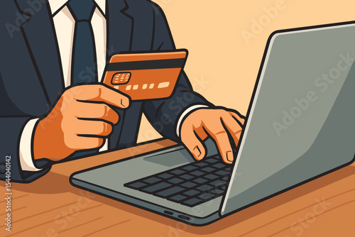 Professional hands holding credit card and typing laptop for online shopping, e-commerce, secure digital payment, internet banking, fintech. Business transaction concept vector.