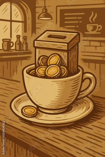 Vintage coffee shop tip jar, coins in teacup on wooden counter, symbolizing gratuity, customer appreciation, hospitality, gratitude, retro cafe interior, vector cartoon illustration