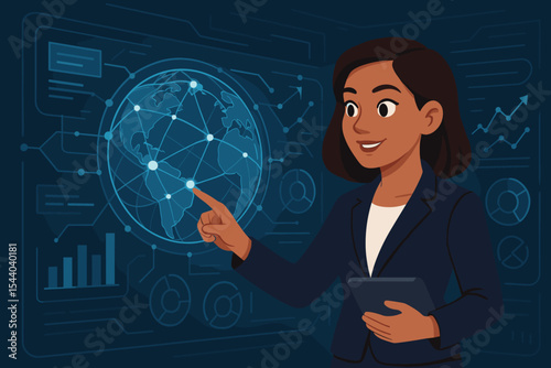 Businesswoman analyzing global network on a futuristic virtual interface. Concept for data analytics, big data, business innovation, technology, corporate strategy and communication.