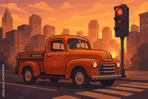 Classic Retro Pickup Truck Stops at Red Traffic Light in Vibrant Urban Cityscape. Beautiful Sunset Orange Sky, Evening Drive Cartoon Vector Illustration. Vintage Automobile Transportation Scene.