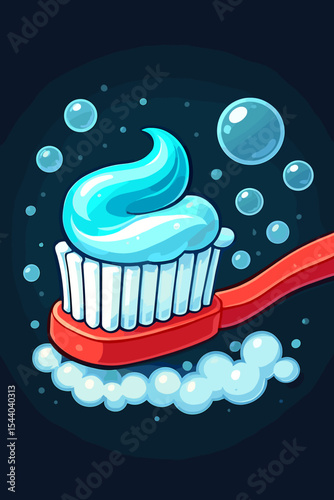 Cartoon toothbrush with shiny blue toothpaste, soap bubbles, and foam on dark background. Dental hygiene, oral care, morning routine, clean teeth concept. Vector illustration for kids and health.