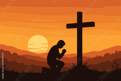 Silhouette of Man Kneeling in Prayer at Cross During Peaceful Sunset in Nature, Hope Faith Devotion Christianity, Serene Landscape Spiritual Worship Concept, Vector Illustration