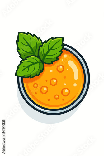 Fresh orange juice top view with vibrant mint leaves garnish, refreshing citrus beverage in glass, healthy drink concept, summer refreshment vector, cartoon illustration, white background