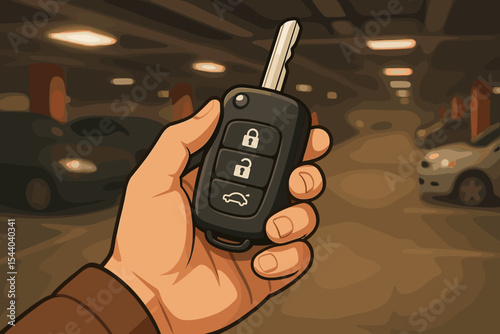 Close-up of human hand holding car remote control key fob, an automotive access device, in a dimly lit underground parking garage with blurred parked vehicles. Cartoon vector illustration.