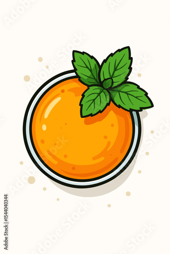 Refreshing orange juice top view with vibrant fresh mint garnish, cartoon vector illustration, healthy citrus beverage, summer drink, clean white background, no text, modern design