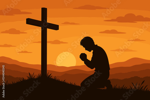 Silhouette illustration of man praying at cross on hill during peaceful sunset, Christian faith, worship, hope, forgiveness, meditation, mountain landscape, spiritual devotion, religion concept art