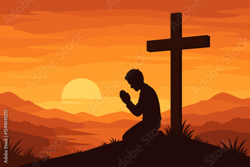Christian prayer silhouette kneeling at cross at sunset, faith hope meditation, worship in nature, spiritual landscape, religious devotion, mountain sunrise background, vector illustration
