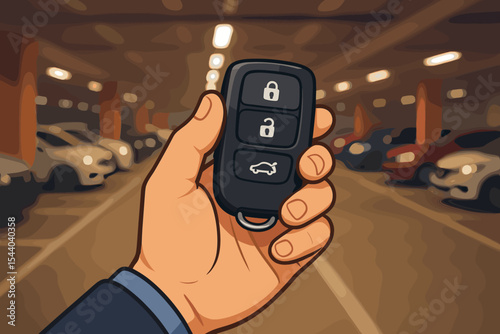 Hand holding car remote control key in underground parking garage. Vector cartoon illustration of driver unlocking vehicle with a keyless system. Auto security, rental and sharing concept.