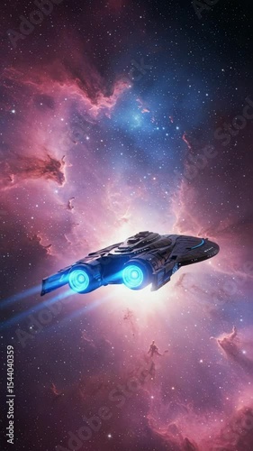 Futuristic spaceship traveling through colorful galaxy in space  