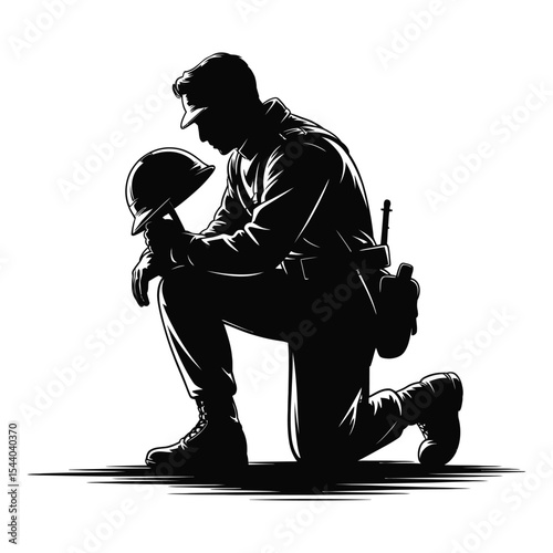 Kneeling soldier silhouette holding helmet isolated on white background