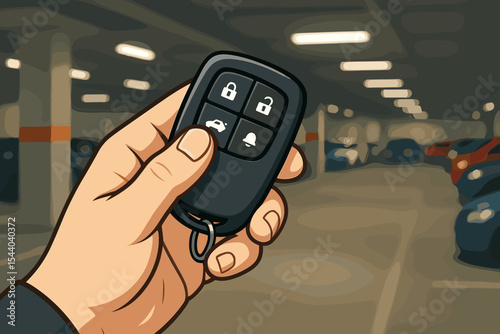 Close-up of hand holding car remote control key fob in underground parking garage with blurred background of parked vehicles, security lock and unlock buttons, vector cartoon illustration