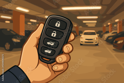 Close-up hand holding modern car remote control key fob. Cartoon vector illustration of vehicle access in dark underground parking garage with blurred cars. Auto security, smart key technology.