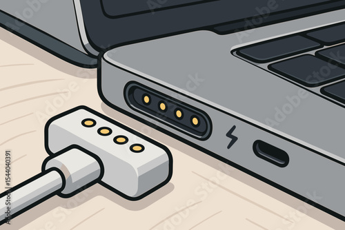 Close-up of MagSafe style power adapter charging modern laptop. Vector cartoon illustration of magnetic connector and port for battery power connection. Contemporary technology device.