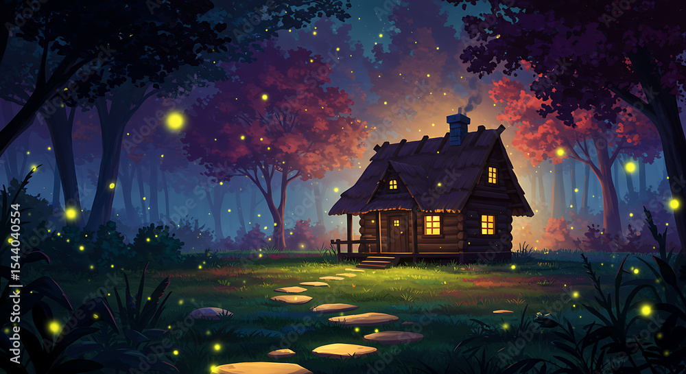 Fototapeta premium Fantasy-style illustration of a small cabin in a glowing forest clearing, with fireflies and moonlight.