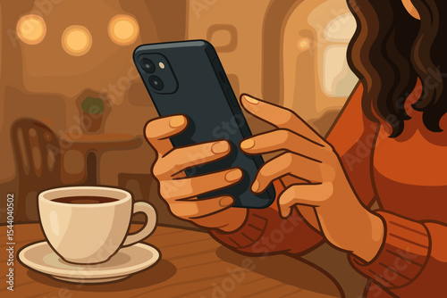 Woman's hands holding smartphone in a cozy cafe with coffee. Person using mobile phone for texting, social media, or remote work. Digital communication technology concept. Vector cartoon.