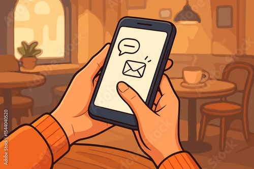 Person checking email and message notifications on a mobile phone in a coffee shop. Close-up of hands with smartphone. Digital communication and modern lifestyle concept. Vector illustration.