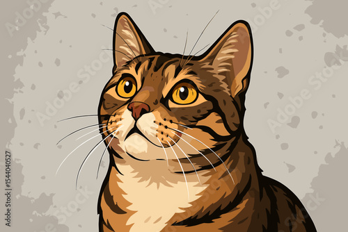Close-Up Portrait of Domestic Tabby Cat Looking Up. Cute Cartoon Vector Illustration of Adorable Feline Pet with Yellow Eyes on Grunge Cement Background, Curious and Attentive Gaze.