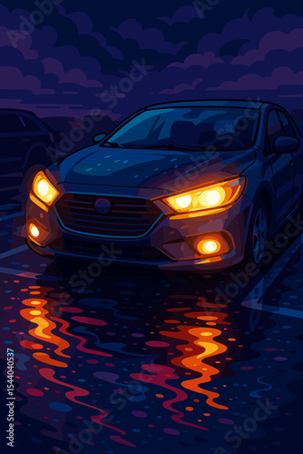 Night parking lot scene with modern car headlights glowing, colorful reflections on wet asphalt after rain, moody atmosphere, dark clouds, vector cartoon illustration, illuminated vehicle