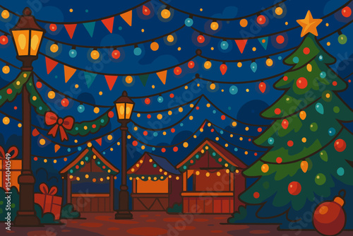 Vibrant Christmas Market Night Scene with Colorful Holiday String Lights, Festive Decorations, Cozy Stalls, and Decorated Tree. Charming Winter Festival Celebration Vector Cartoon Illustration.