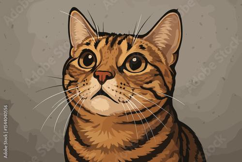 Cute curious tabby cat close-up vector portrait looking up, simple textured background. Adorable domestic feline cartoon illustration, pet animal design element, large expressive eyes
