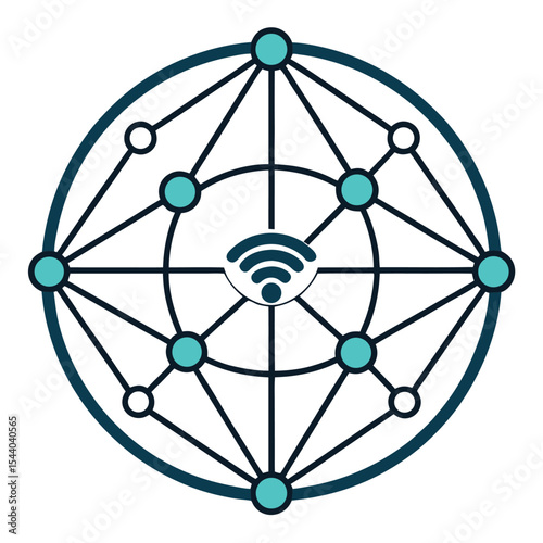 Minimal vector icon of a globe with network nodes and Wi-Fi lines. Ideal for internet, global connectivity, networking, wireless communication, IT infrastructure, and digital technology.