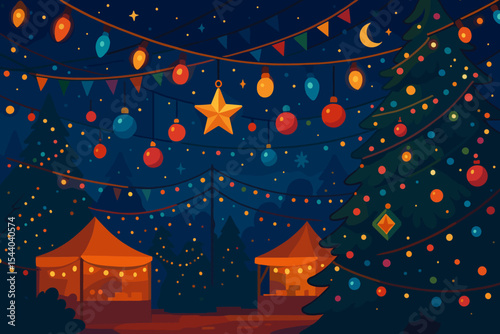 Festive Winter Night Market Scene with Colorful Christmas Lights, Holiday Decorations, Illuminated Market Stalls, Evergreen Trees, and Ornaments. Vector Cartoon Illustration.