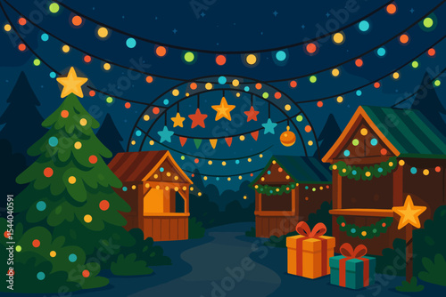 Vector illustration of a festive Christmas market at night. Cozy holiday fair with wooden stalls, decorated tree, colorful lights, garlands, stars, and gift boxes. Winter celebration scene.