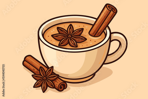 Spiced Masala Chai Hot Chocolate in Cup with Star Anise and Cinnamon Stick, Cozy Autumn Winter Beverage, Vector Cartoon Isolated Drink Illustration, Aromatic Traditional Indian Tea Concept