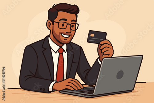 Happy smiling professional businessman using laptop and credit card for online shopping. E-commerce secure digital payment, convenient financial transaction. Modern cartoon vector illustration.