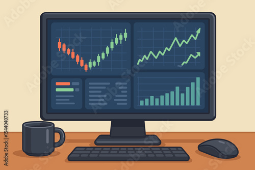 Cartoon illustration of stock market trading dashboard with candlestick chart, financial graphs, and analytics on desktop computer screen, office desk with keyboard, mouse, and coffee cup