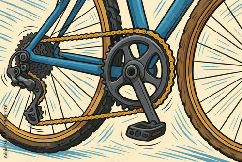 Dynamic Bicycle Drivetrain Mechanism Cartoon Vector Art. Close-up of Bike Gear, Chain, Pedal, and Rear Wheel in Motion. Cycling Sport and Active Lifestyle Illustration.