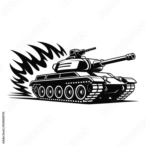 Military tank silhouette speeding isolated on white background