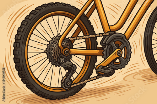 Detailed vibrant vector cartoon illustration of bicycle rear wheel, gear, chain, pedal, and mechanism in dynamic motion. Cycling sport, travel, hobby, healthy lifestyle, transportation concept.