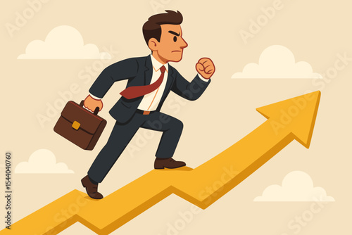 Determined businessman running on ascending yellow arrow, symbolizing moving forward to success, career growth, financial progress, and achieving business goals. Flat vector cartoon illustration.