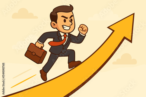 Dynamic businessman running up a rising golden arrow, symbolizing career success, financial growth, business progress, and determined ambition towards future goals. Vector cartoon illustration.