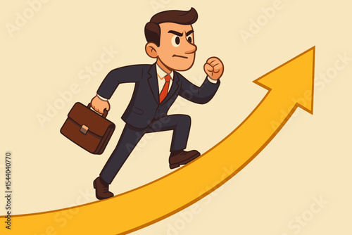 Determined businessman running on an ascending yellow arrow. Career growth and success concept. Metaphor for progress, motivation, leadership and achievement. Vector cartoon illustration.