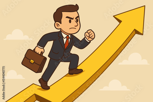 Ambitious businessman cartoon running up ascending yellow arrow toward success, career growth, financial progress. Determined manager striving for achievement, business development, challenge.