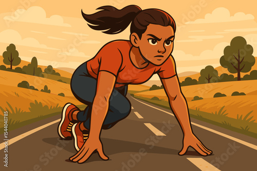 Determined female athlete preparing for intense running session on scenic rural road. Powerful woman in starting block position, ready to sprint. Vector cartoon illustration.
