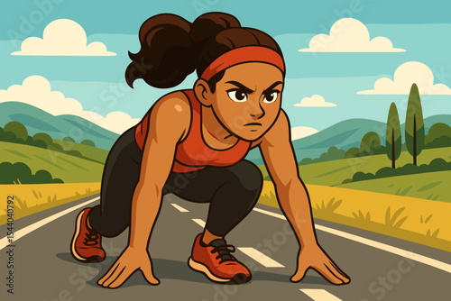 Determined female athlete vector cartoon, preparing for intense running session on a scenic rural road. Dynamic illustration of a focused woman ready to sprint, fitness motivation, outdoor workout.