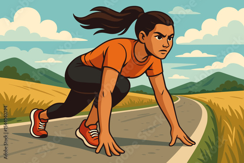 Focused woman runner in starting position on a country road. Determined female sprinter getting ready for intense training. Healthy lifestyle and sports motivation vector cartoon.