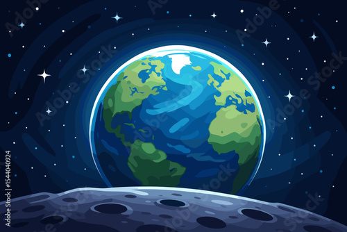 Earthrise from moon surface vector illustration. Planet Earth in outer space cartoon concept. Blue globe with glowing atmosphere in cosmos with stars. Astronomy, galaxy, universe background.