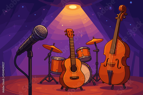 Vibrant Stage Live Music Performance Background with Dynamic Microphone, Acoustic Guitar, Drum Kit, Double Bass, and Glowing Spotlight. Cartoon Vector Illustration for Concerts, Events, Entertainment.