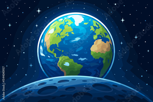 Earth Rising: Spectacular Blue Planet Vector Cartoon Illustration from Space, Vibrant Global Cosmic View Above Moon Surface, Environment, Science, Astronomy Concept